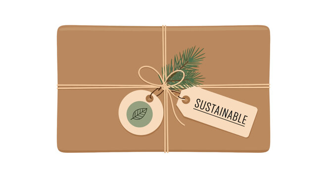 Brown paper package tied with string features a sustainable tag and natural greenery accent