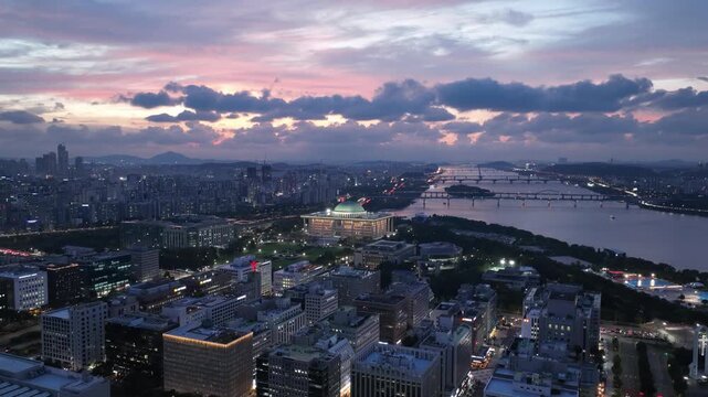 Aerial View of National Assembly Building in Seoul at Sunset with Han River Skyline