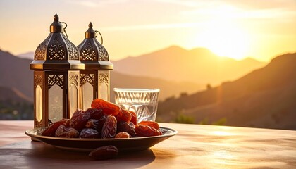 Mock Up Ramadan Refreshment Dates and Water in a Still Life Composition