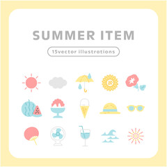 夏のアイテム アイコンセット｜やさしい配色の夏モチーフ ベクターイラスト