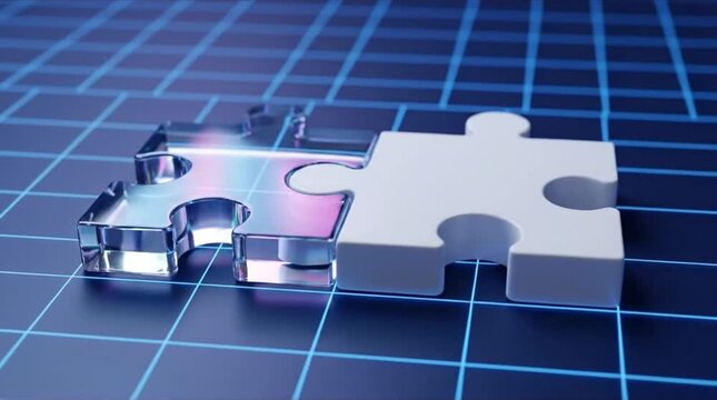 Interlocking Puzzle Pieces on Digital Grid: Transparent and Opaque Elements Connecting, Symbolizing Problem Solving, Integration, and Technological...