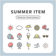 夏のアイテム アイコンセット｜線画風の夏モチーフ ベクターイラスト