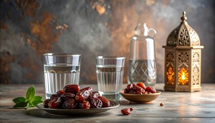 Mock Up Ramadan Refreshment Dates and Water in a Still Life Composition