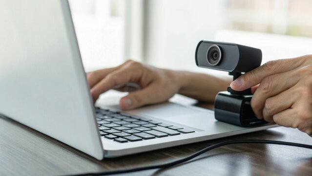 Person setting up or adjusting a webcam on a laptop keyboard, preparing for video communication or recording.