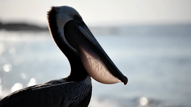 Pelican Opening and Closing Its Translucent Gular Pouch at the Ocean