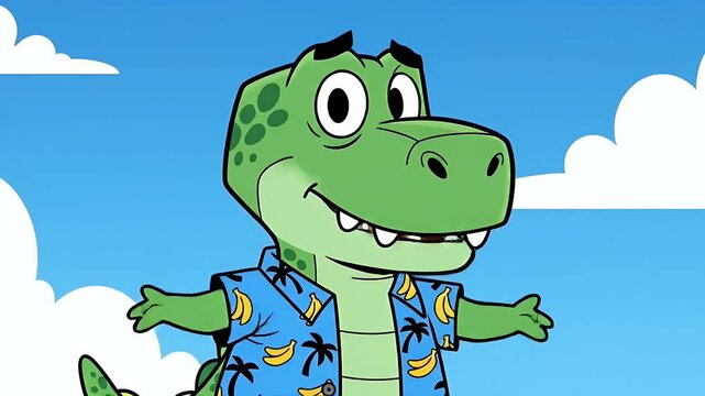 cheerful dinosaur in hawaiian shirt under blue sky cartoon