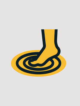 Yellow stylized human foot stepping into concentric circles representing ripple effect or impact warning danger caution concept abstract graphic illustration for warning signs safety awareness or deci
