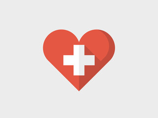 Obraz premium Red heart with white cross symbol medical healthcare icon clean flat design concept for hospital doctor wellness insurance cardiology emergency aid first response medical care professional health serv