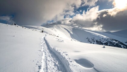 Snowy Mountain Slope with Ski Tracks Under Dramatic Clouds.