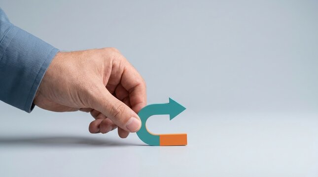 Return, reversal, change of direction, pivot, U-turn, strategy, arrow concept showing a hand holding a curved symbol representing business recovery and tactical shift on grey background.
