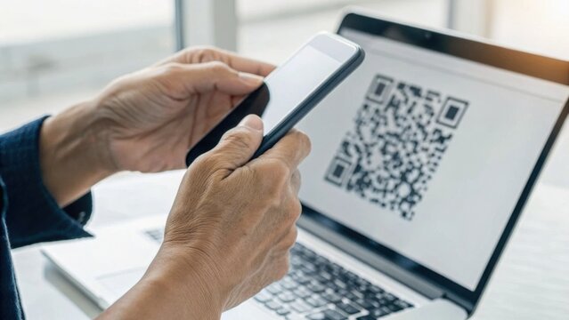 Person scanning a QR code displayed on a laptop screen using a smartphone in a bright workspace.