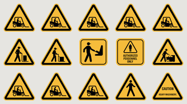 Collection of yellow warning signs and safety symbols for workplace industrial caution and hazard alerts featuring fork lift truck pedestrian traffic authorized personnel only and heavy machinery dang