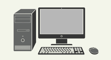 Fototapeta premium Desktop Computer Setup: Tower, Monitor, Keyboard, and Mouse - Flat Icon Design