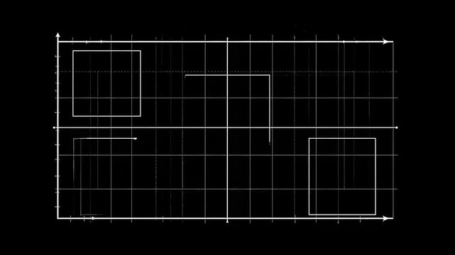 Technical floorplan drawing of grid layout with rectangles, viewed from overhead on black background