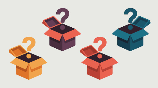 Four open mystery boxes with question marks hovering above representing unknown possibilities choices and decisions for business concepts or problem solving solutions illustration