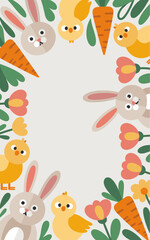 Obraz premium Cute cartoon easter rabbits and chicks with carrots and flowers border illustration for spring holiday celebration greeting cards invitations and seasonal marketing projects cheerful playful design