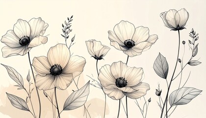 Naklejka premium Delicate anemone and poppy flowers botanical line art with soft watercolor washes on a vintage cream background