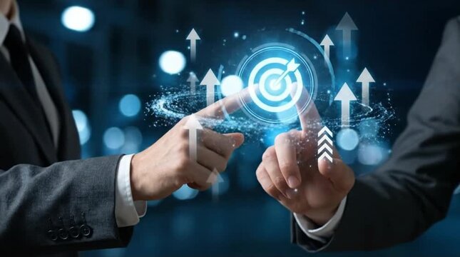 Business professionals' hands interact with a glowing digital target and upward arrows, symbolizing goal achievement, strategic planning, and colla...