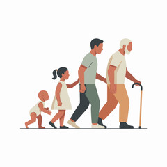 Generational progression of family members walking together representing life stages from baby to elderly man with cane symbolizing growth lineage and time passing in a minimalist modern illustration