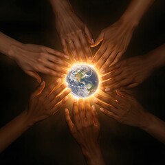 Multiple hands of diverse skin tones encircling a glowing Earth, showing global unity and care