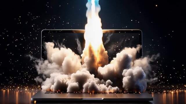 A rocket launching from a laptop screen or hand in a creative digital scene. The concept of startup launch, innovation, technology growth, business success, and digital transformation.