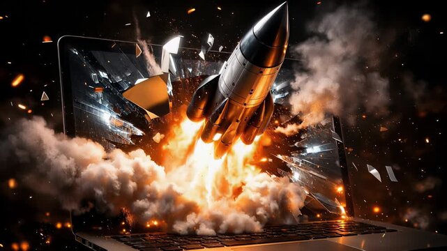 A rocket launching from a laptop screen or hand in a creative digital scene. The concept of startup launch, innovation, technology growth, business success, and digital transformation.