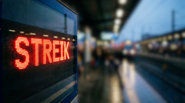 Menschen warten an einer Haltestelle auf einen Bus und Stra&szlig;enbahn, die nicht kommt. LED Leuchttafel informiert Fahrg&auml;ste &uuml;ber einen Streik