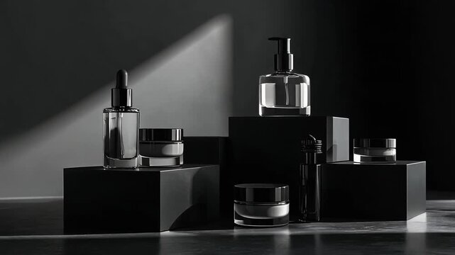 Luxury skincare bottles and jars on black podiums with dramatic lighting for premium cosmetic presentation