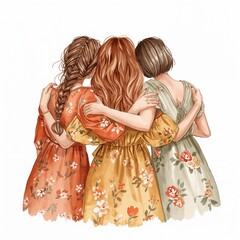 Three friends women holding each other in embrace floral dresses white background