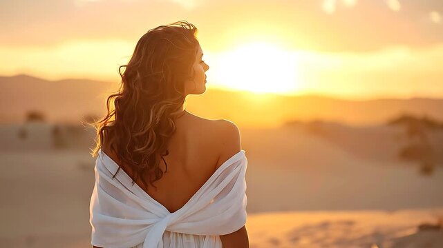 Woman seen from behind wrapped in flowing white fabric standing in desert at golden sunset light