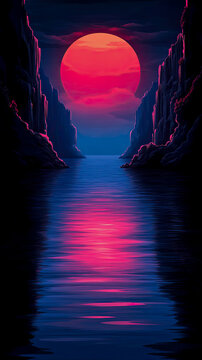 Majestic Digital Sunset: colossal, radiant pink-red sun descends dramatically between towering, shadowy cliffs, its vibrant glow shimmering across tranquil, deep blue waters, creating captivating, oth