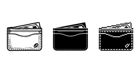 Fototapeta premium Minimalist wallet icon set with three styles: line, solid, pixel