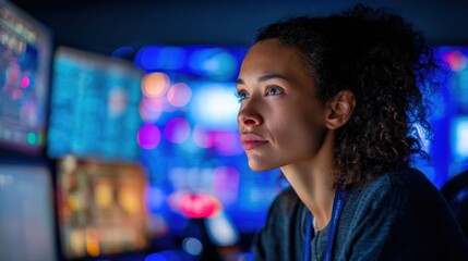 Obraz premium Female System Engineer in High-Tech Control Room Monitoring Data