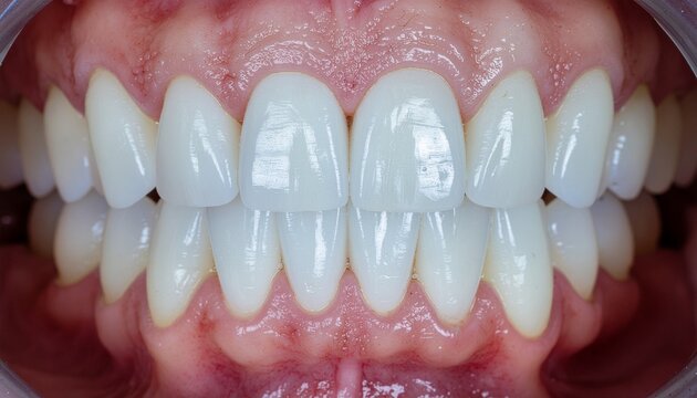 Healthy Interdental Papilla. Close-up view of the anterior permanent teeth, specifically focusing on the pointed, healthy interdental papilla (gum tissue between teeth) filling the embrasure space. .

