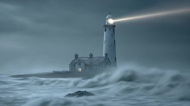 A lighthouse stands tall amidst turbulent waves on a stormy night with its light shining brightly.