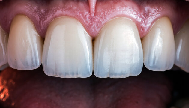 Healthy Interdental Papilla. Close-up view of the anterior permanent teeth, specifically focusing on the pointed, healthy interdental papilla (gum tissue between teeth) filling the embrasure space. .
