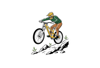 Fototapeta premium Mountain biking illustration artwork. Downhill extreme sports design. Outdoor adventure bicycle riding. Biker jumping over rocks design. Mountain bike