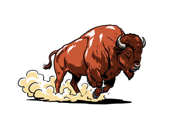 Obraz premium Bison running vector artwork design for t-shirt. Wild buffalo charging mascot logo. American Bison vintage illustration. Wildlife graphics print desig
