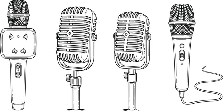 Hand drawn vintage microphone vector set with retro studio mics sketch style line art isolated on white background for podcast music and broadcasting designs
