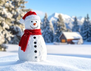 Fototapeta premium Small snowman in snowy landscape with trees and cabin