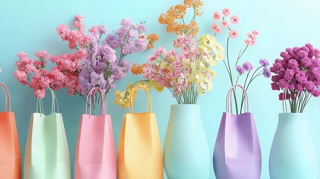 A pastel collection of shopping bags adorned with delicate, colorful flowers