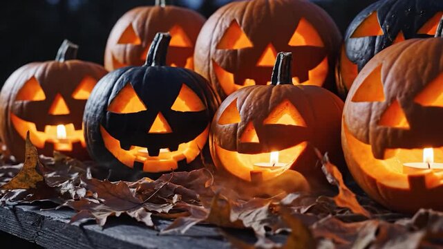 Glowing carved pumpkins with spooky faces illuminate a dark autumn night