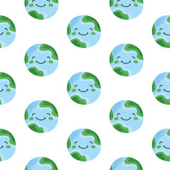 Cute Earth Day seamless pattern. Smiling planet Earth characters with texture. Eco friendly sustainability concept. Bright flat vector background for eco textile and wrap paper