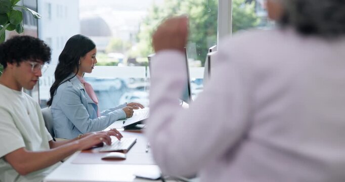 Staff, speaking or hands of manager in digital agency, project briefing or app prototype information. Testing report, system requirements or people with programming instructions, typing notes or pc