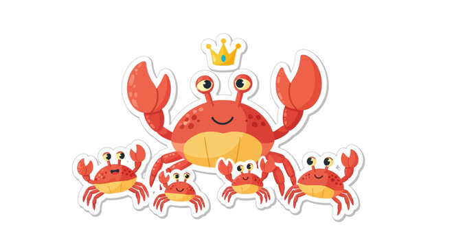 Adorable Crab Family Wearing Crown, Cartoon Style Sticker Illustration