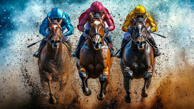 Dynamic close-up of three powerful Thoroughbred racehorses and jockeys charging toward finish line, kicking up massive clouds of dirt in thrilling, high-speed competition.