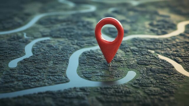 Red location pin on a map with winding roads and green landscape.