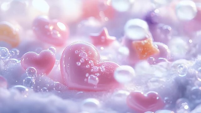 Soft focus pastel hearts and bubbles with gentle light