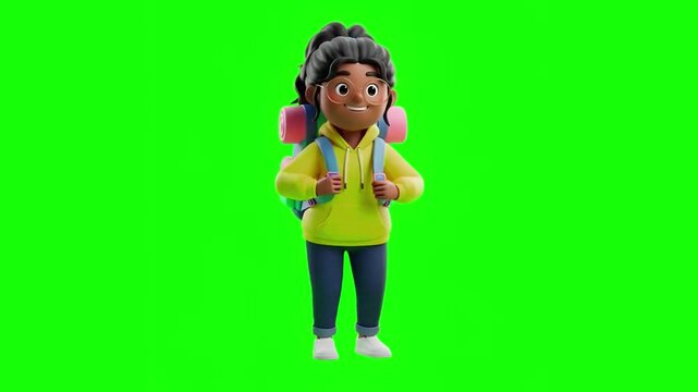 3D Cartoon Female Character Looking Through Binoculars on Green Screen for Vision Strategy Discovery Exploration and Sightseeing Travel Concepts