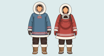 Inuit Couple in Traditional Arctic Clothing: Man and Woman with Baby Carrier © Tisa